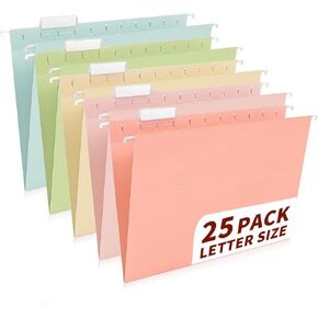 25-Pack Pastel Hanging File Folders, Letter Size (8.5"x11") with 1/5-Cut Tabs,35 Transparent Label Cards, 50 Sticker Labels–Home Office & Filing Cabinets