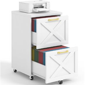 2 Drawer Small File Cabinet with Wheels, Farmhouse Vertical Filing Cabinet Fits A4/Letter Size, Under Desk Rolling File Cabinets for Home Office, Wooden Printer Stand, White