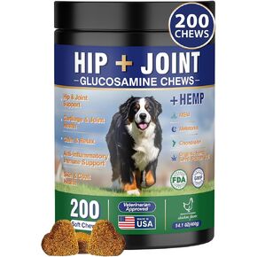 Hip and Joint Supplement for Dogs 200 Hemp Dog Calming Chews with Glucosamine, Chondroitin, Msm, Omega 3, Melatonin for Senior Dogs Anxiety, Dog Pain Relief Anti Inflammatory Small/Medium/Large Breed