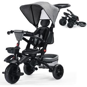 Kinder King Kids Tricycle, 7 in 1 Folding Toddler Trike w/Adjustable Push Handle, Rotatable Seat, Adjustable Canopy, Safety Harness, Storage, Toddler Stroller Bike for Age 6 Months+,Black