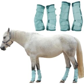 Adjustable Horse Fly Boots Set of 4, Equine Leg Protection Reduce Stomping, Breathable Mesh Fly Boots for Horses, Horse Leggings Leg Guards - Light Blue - Cob