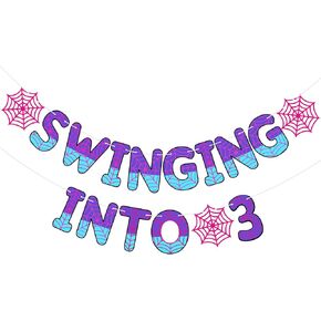 TaoBary Spider Theme 3rd Birthday Banner, Pre-strung Swinging into 3 Banner, Spider 3rd Birthday Decorations Party Supplies for Kids, Decor for 3 Year Old Boys Girls