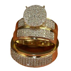 Finecreation_usa !! 14K Yellow Gold Finish Diamond Bridal Wedding Ring His Her Trio Wedding Band Set Couple His & Hers Trio 3 Three Ring Bridal Engagement Wedding Ring (white, 8)