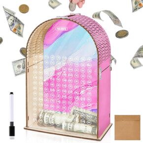 MHJY Money Saving Box Wooden Money Box for Cash 10000 Savings Challenge Box Arched Piggy Bank for Adults Kids Reusable Coin Bank with Targets Dry Erase Pen,Green Blue