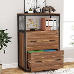 Tribesigns 2 Drawer Lateral File Cabinet with Lock, Letter/Legal / A4 Size, Large Rustic Filing Cabinet Printer Stand with Metal Wire Open Storage Shelves for Home Office (Walnut)
