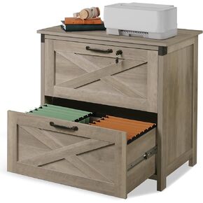 DEVAISE 2 Drawer Farmhouse File Cabinet with Lock, Lateral Filing Cabinet for Letter/Legal/A4 Size, Wood Printer Stand for Home Office, Gray Oak