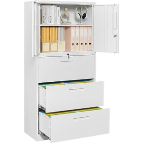 SISESOL 3 Drawer Lateral File Cabinet with Lock and Shelf,White Metal Filling Cabinet with Drawers and Shelf, Locking File Storage Cabinets with Doors and Shelves for Home,Office,Garage,School