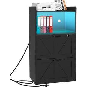 2 Drawer Lateral File Cabinet with Charging Station, Wood Filing Cabinet with Lock & LED Light, Large Storage Printer Stand for Home Office, White