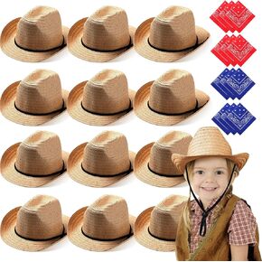 SATINIOR 12 Set Kid Straw Cowboy Hats with Bandanas Cowboy Costume Bandanas for Western Party Kid Costume
