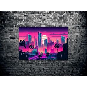 Stunning Downtown Miami Synthwave Lofi Vaporwave Canvas Wall Art Print, Oversized Miami Skyline Vaporwave Design, Premium 1.5" Canvas for Bold Home Decor
