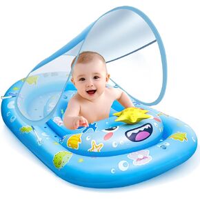 Baby Float with Canopy- UPF50+ Sun Protection Baby Pool Float，Inflatable Kids Pool Float with Adjustable Safety Seat for 6-36 Months Kids Kiddie Boys Girls Swimming,with Marine Animal Floating Toys