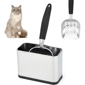 Heavy-Duty Cat Litter Scoop with Holder, Metal Cat Scooper Holder Trash Container, Aluminum Kitty Poop Sifting Shovel Captures All Clumps, Speed Sifter Litter Box Scooper with Cats Caddy