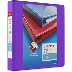 Staples Heavy-Duty 1 1/2-inch 3-Ring View Binder with D-Rings and Four Interior Pockets, Purple, 3/Pack (ST56308-CCVS)