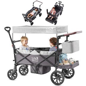 Wagon Stroller for 2 Kids, Foldable Toddler Wagon with Canopy & Removable Tray, Zipper Door, Full Suspension with 5-Point Harness, Stroller Organizer, Adjustable Handle, for 6+ Months