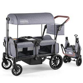 HARPPA 2-Seater Stroller Wagon, Collapsible Push & Pull Wagon Stroller for Kids (6-36 Months) with Adjustable Handlebar, 1-Step Brake, Removable Canopy & Large Storage,Grey