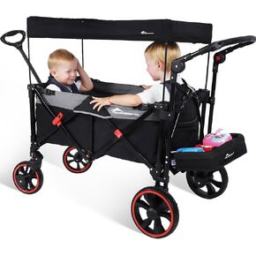 Stroller Wagon with 330LBS, All-Terrain Foldable Wagons for 2 Kids with Removable Canopy, Adjustable Push/Pull Handle for Shopping & Camping, Shock-Absorbing Wheels, Blue