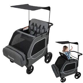 2 Seater Wagon Stroller for 2 Kids with Canopy Shade High Seats Storage All Terrain Travel Push Double Side by Side Twins Big Toddler Child Wagons Carts (Black Grey)