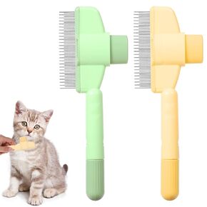 2 PCS PET HAIR COMP CLEANING CAT PRESH BREDE مع زر التحرير الراحة السلامة من الفولاذ المقاوم للصدأ فرشاة قصيرة إزالة الشعر الكلاب المقطوعة لمشط التظاهر (أصفر + أخضر）