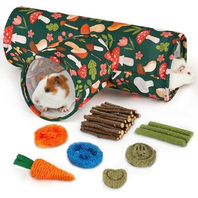 Guinea Pig Tunnel, Collapsible 3 Way Guinea Pigs Hideout Washable Rabbit Tunnel with Chew Toys Rabbit Toys for Guinea Pig Cage Accessories