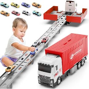 Transformable Truck & 3 Layer Race Track Playset, 62 inch Spring-Powered Track Toddlers Toys with 8 Cars & Parking Garage, Toy Trucks for Kids Ages 3-6, Birthday & Xmas Gifts for Boys Girls