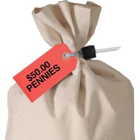BankSupplies Printed Coin Bag Tags, Red, $50 Pennies, 1.88" x 3.75", Box of 1000 – Hang Tags for Labeling, Coin Label Tags for Business Organization, Money Denomination Tags, Coin Bag Label
