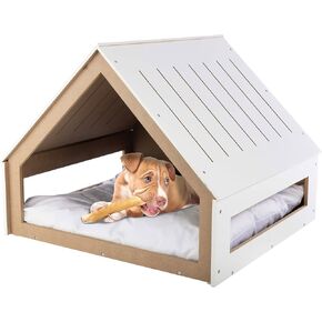 Indoor Dog House Bed - Wood Doghouse with Soft Cushion and Air Vents - 29.5x28x24in Dog Furniture for Small to Medium Pets up to 80lbs - Puppy Accessories by PETMAKER (White)