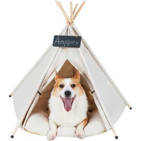 ANPPEX 28-Inch Dog Teepee Tent Indoor,L Size Pet Tent Bed for Medium and Small Dogs,Indoor Dog House with Thick Cushion,White