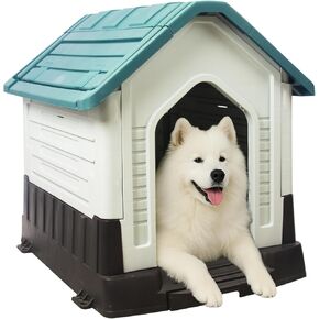 Dog House Indoor Outdoor Durable Waterproof Pet Plastic Dog House for Medium Large Dogs Insulated Puppy Shelter Kennel Crate with Air Vents and Elevated Floor (Blue, 33.1" Wx27.4 Dx30.1 H)