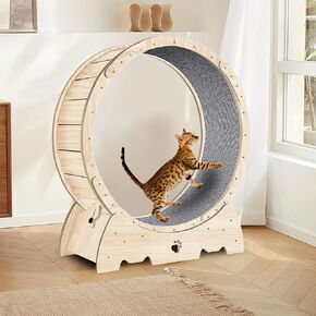 41" cat Running Wheel, cat Wheels for Indoor Cats with Silent Pulleys, cat Treadmill with Wider Carpeted Runway, Convenient to Move, Natural Wood