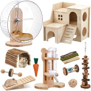 18 Pcs Hamster Toys Set, 15 Small Animal Chewing Toys, Maze Wood House, Silent Exercise Wheels and Water Bottle Set for Hamster Habitat Guinea Pig Rat Cage Accessories