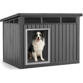 Vixzen Dog House داخلي في الهواء الطلق ، منزل كلب مقاوم للماء للكلاب الصغيرة إلى الكبيرة ، ووزنه مع فتحات التهوية والأرضية المرتفعة ، والقابل للفتح في الأعلى ، وسهل التجميع والنظيف ، والرمادي ، 42.87 "× 32.95" × 31.61 "