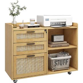3 Drawer Mobile File Cabinet, Wood Lateral Filing Cabinet with Lock Printer Stand with Open Shelves for Home Office Lateral File Cabinet for Hanging Files Letter/A4/Legal Size