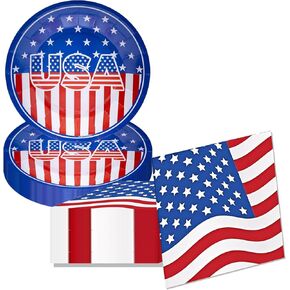 40Pcs Patriotic Paper Plates and Napkins Set - Patriotic Party Supplies,American Flag 4th of July Tableware Decorations for Veterans Election Memorial Day,Red White Blue Party Decor, Serve 20