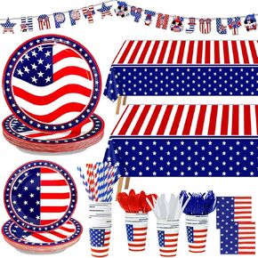 244PCS 4th of July Decorations Patriotic American Flag Party Supplies - Serve 30 - Tablecloths,4th of July Disposable Paper Plates Cups Napkins Cutlery Forks Spoons Straws,Banner Red White Blue Decor