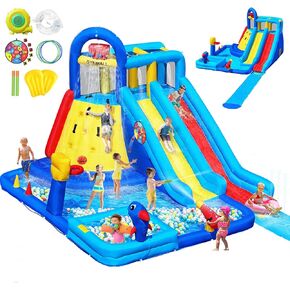 Water Bounce House Double Slide for Kids 3-12, Extra Large Inflatable Bouncy Castle with Long Slide, 550W Air Blower, Ball Pit, Swim Pool, Climbing, Bouncy House for Party Birthday Event
