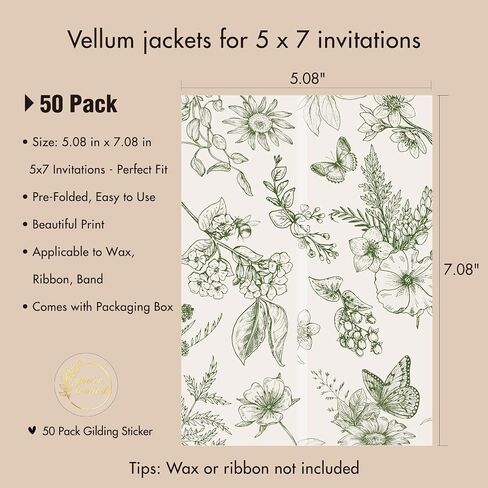 50 Pack Pre-Folded Vellum Jackets for 5x7 Invitations,AZAZA Elegant Translucent Invitation Sleeves,115GSM Vellum Jackets 5x7, Wedding Invitation Accessories, for Weddings Birthdays,Sage Green Toile in Kuwait