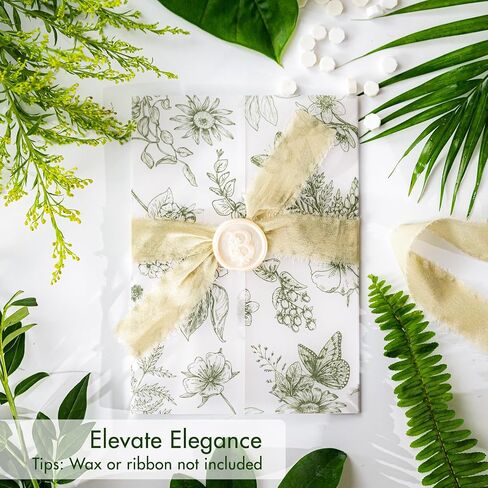 50 Pack Pre-Folded Vellum Jackets for 5x7 Invitations,AZAZA Elegant Translucent Invitation Sleeves,115GSM Vellum Jackets 5x7, Wedding Invitation Accessories, for Weddings Birthdays,Sage Green Toile in Kuwait