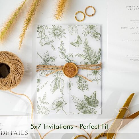 50 Pack Pre-Folded Vellum Jackets for 5x7 Invitations,AZAZA Elegant Translucent Invitation Sleeves,115GSM Vellum Jackets 5x7, Wedding Invitation Accessories, for Weddings Birthdays,Sage Green Toile in Kuwait