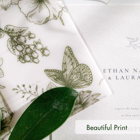 50 Pack Pre-Folded Vellum Jackets for 5x7 Invitations,AZAZA Elegant Translucent Invitation Sleeves,115GSM Vellum Jackets 5x7, Wedding Invitation Accessories, for Weddings Birthdays,Sage Green Toile in Kuwait
