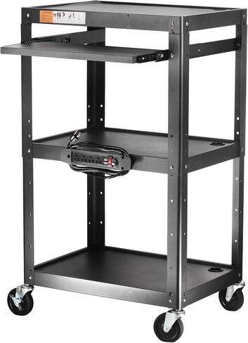 Steel AV Cart on Wheels - Rolling Projector Cart with Height Adjustable Shelf, Pullout Keyboard Tray, Power Strip, Cord Management - Mobile Media Carts Computer Workstation for Office Classroom in Saudi Arabia