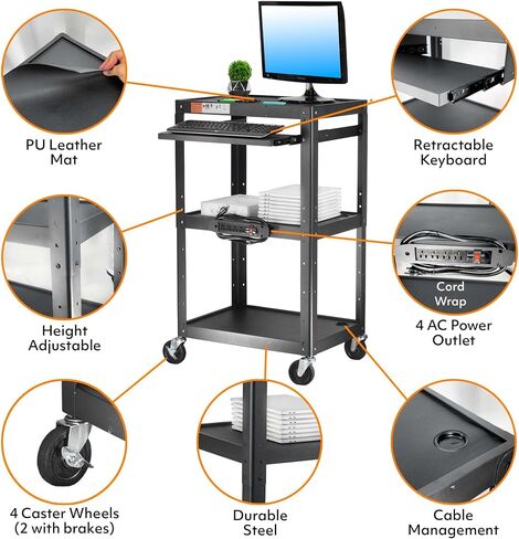 Steel AV Cart on Wheels - Rolling Projector Cart with Height Adjustable Shelf, Pullout Keyboard Tray, Power Strip, Cord Management - Mobile Media Carts Computer Workstation for Office Classroom in Saudi Arabia