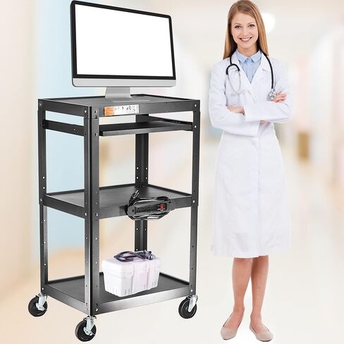 Steel AV Cart on Wheels - Rolling Projector Cart with Height Adjustable Shelf, Pullout Keyboard Tray, Power Strip, Cord Management - Mobile Media Carts Computer Workstation for Office Classroom in Saudi Arabia