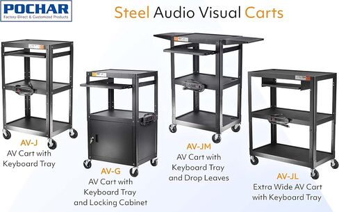 Steel AV Cart on Wheels - Rolling Projector Cart with Height Adjustable Shelf, Pullout Keyboard Tray, Power Strip, Cord Management - Mobile Media Carts Computer Workstation for Office Classroom in Saudi Arabia