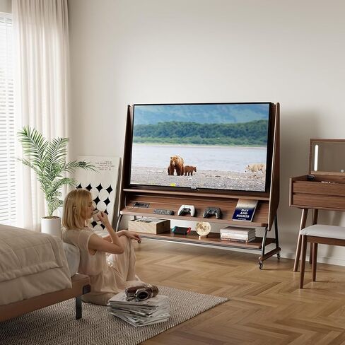 KungFuWood Soild Wood Rolling tv Stand with Wheels 40-60 Inch,Moving Media Console Tv Cart，Height Adjustable Monitor Floor Stand Mobile tv with Outlet and Shelves,Entertainment Center,Walnut in Saudi Arabia