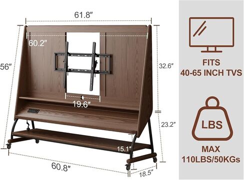 KungFuWood Soild Wood Rolling tv Stand with Wheels 40-60 Inch,Moving Media Console Tv Cart，Height Adjustable Monitor Floor Stand Mobile tv with Outlet and Shelves,Entertainment Center,Walnut in Saudi Arabia