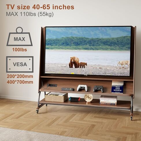 KungFuWood Soild Wood Rolling tv Stand with Wheels 40-60 Inch,Moving Media Console Tv Cart，Height Adjustable Monitor Floor Stand Mobile tv with Outlet and Shelves,Entertainment Center,Walnut in Saudi Arabia