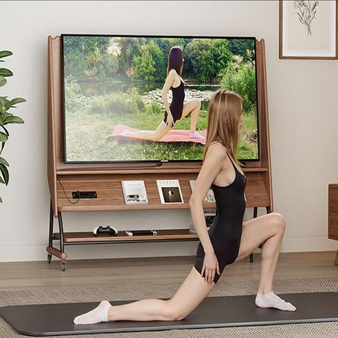 KungFuWood Soild Wood Rolling tv Stand with Wheels 40-60 Inch,Moving Media Console Tv Cart，Height Adjustable Monitor Floor Stand Mobile tv with Outlet and Shelves,Entertainment Center,Walnut in Saudi Arabia