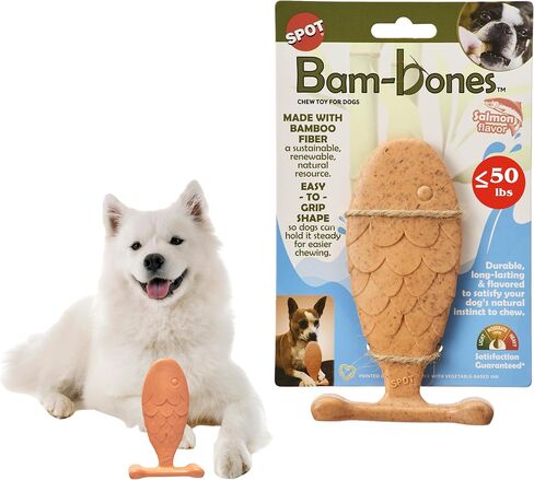 SPOT Bam-Bones Fish - مصنوعة من ألياف الخيزران القوية، عظمة كلب متينة تدوم طويلاً للمضغ الخفيف إلى المتوسط، لعبة مضغ رائعة للكلاب البالغة والجراء في مرحلة التسنين أقل من 50 رطلاً، 7 بوصة، نكهة السلمون in Saudi Arabia