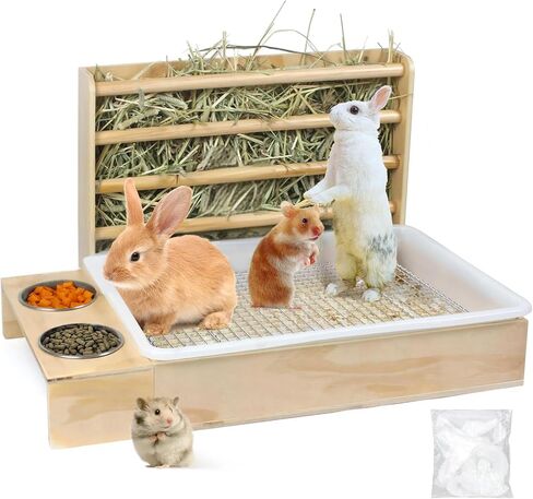 3 in 1 Rabbit Hay Feeder with Litter Box,Wooden Hay Feeder with 2 Bowls & Litter Box for Guinea Pig Chinchilla Bunny Other Small Animals (Basic Stand with Wire mesh and Plastic Bag) in Saudi Arabia