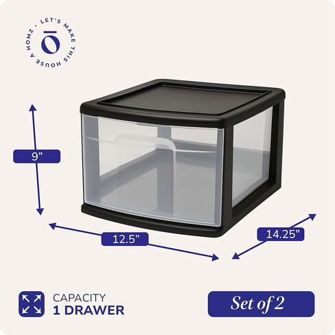 Homz 2-Pack 1-Drawer Storage Cart ، حاوية بلاستيكية شفافة ، 14.25 "متوسطة ، إطار أسود-تنظيم حاويات درج للمنزل والحمام وغرفة النوم والمكتب والفصول الدراسية in Kuwait